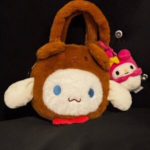 Sanrio Fuzzy Cinnamoroll Plush Tote Bag w My Melody Clip Kawaii